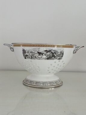 Villeroy & Boch AUDUN FERME Colander Enamel Black White Florals Pastoral Scene